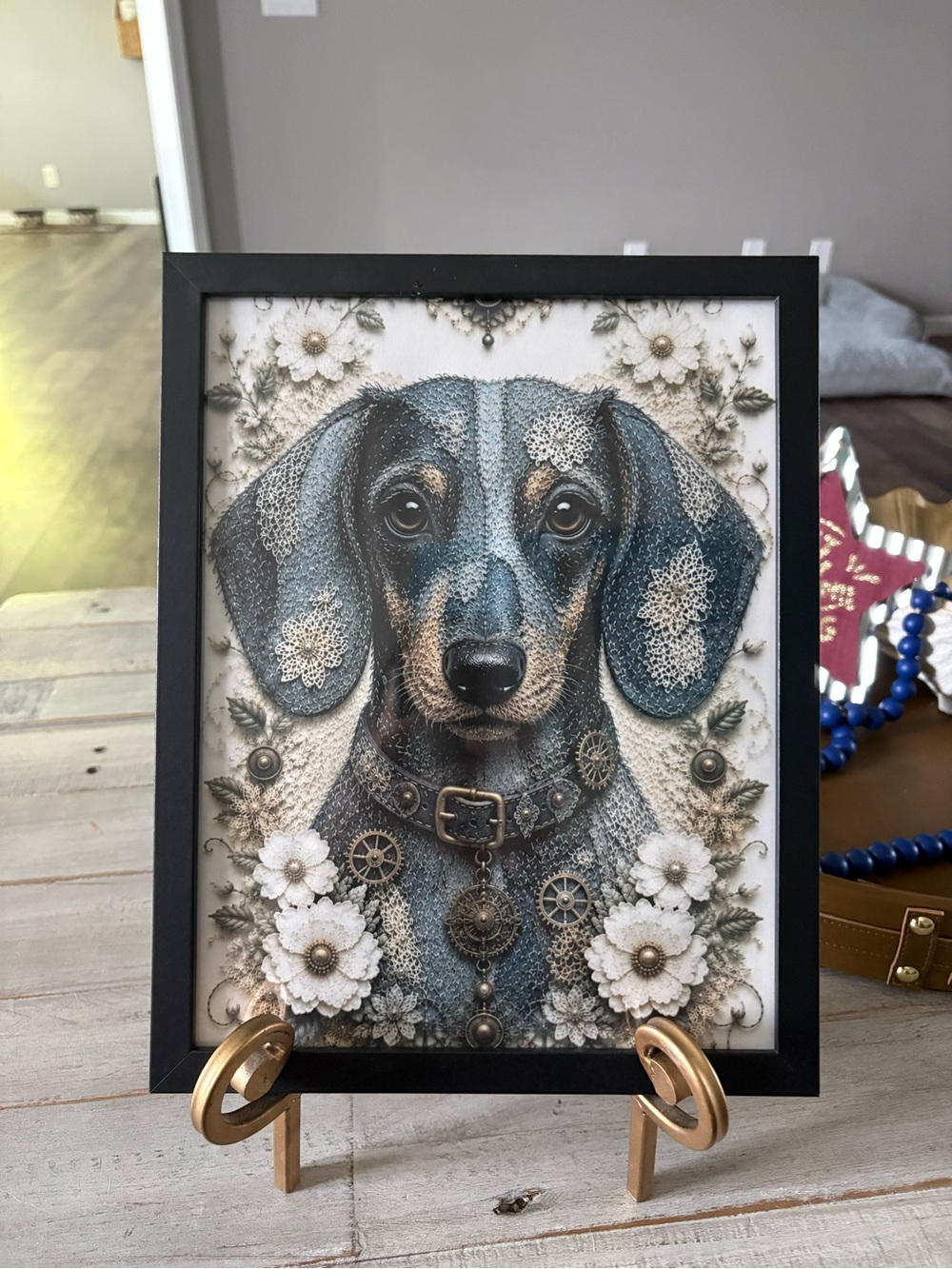 Framed 8x10 Denim Dachshund Artwork Print in Black Frame